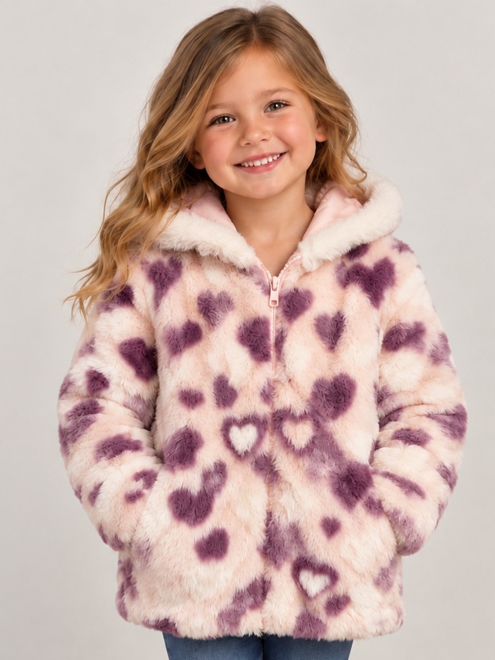 Nevada Girls Faux Fur Heart Print Hooded Jacket Size 5 Pink Purple White